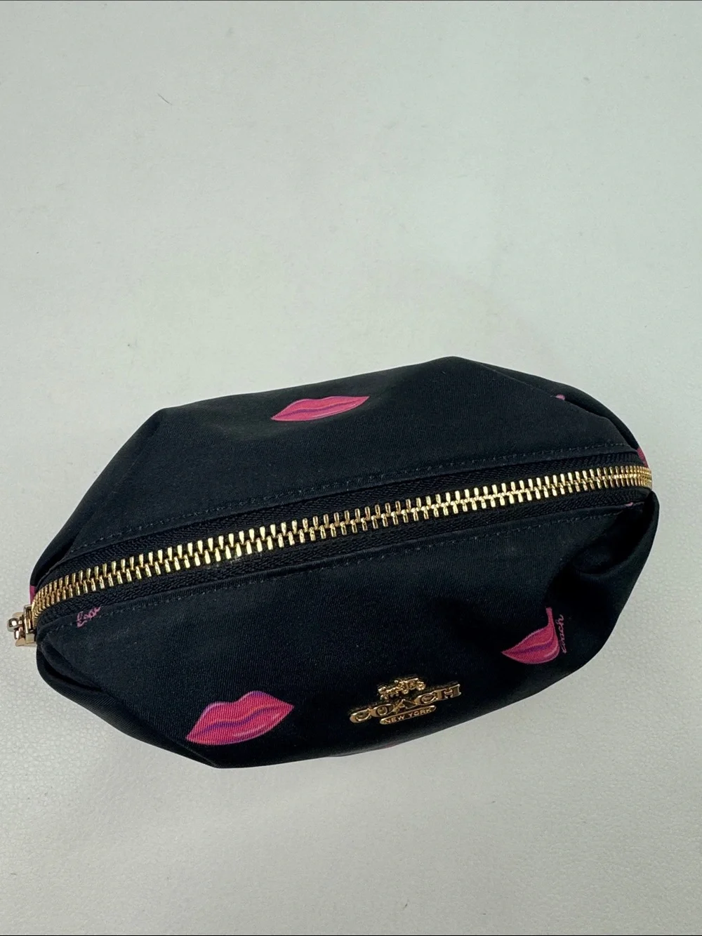Coach Nylon Black Cosmetic Pouch with Pink Lip Motif Gold zipper & logo